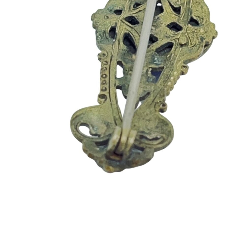 Vintage Gold Tone And Cobalt Blue Cabochon Bar Brooch With C Clasp (5756) - Picture 8 of 8